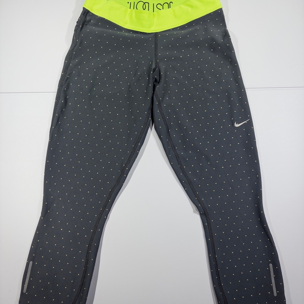 Nike Dri-FIT Capri Leggings Gray Neon Waistband Size S